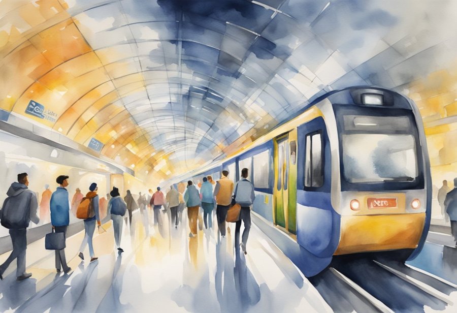 A bustling metro station with ONPASSIVE branding and strategic partnership ads displayed prominently. Busy commuters pass by, while the atmosphere buzzes with energy and excitement