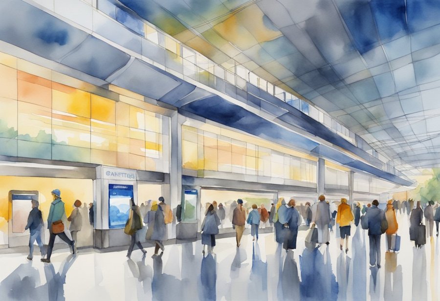 The ONPASSIVE metro station is bustling with commuters. The sleek, modern architecture and bright lighting create a vibrant atmosphere. Trains arrive and depart, while digital displays provide real-time information