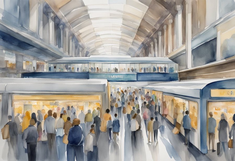 Busy ONPASSIVE metro station, with crowds of commuters, bustling shops, and diverse businesses, showcasing economic and social impact