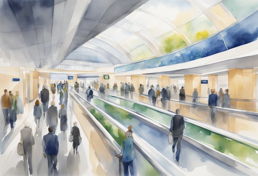 Passengers easily navigate wide, well-lit corridors with clear signage. Elevators and ramps provide accessibility throughout the station