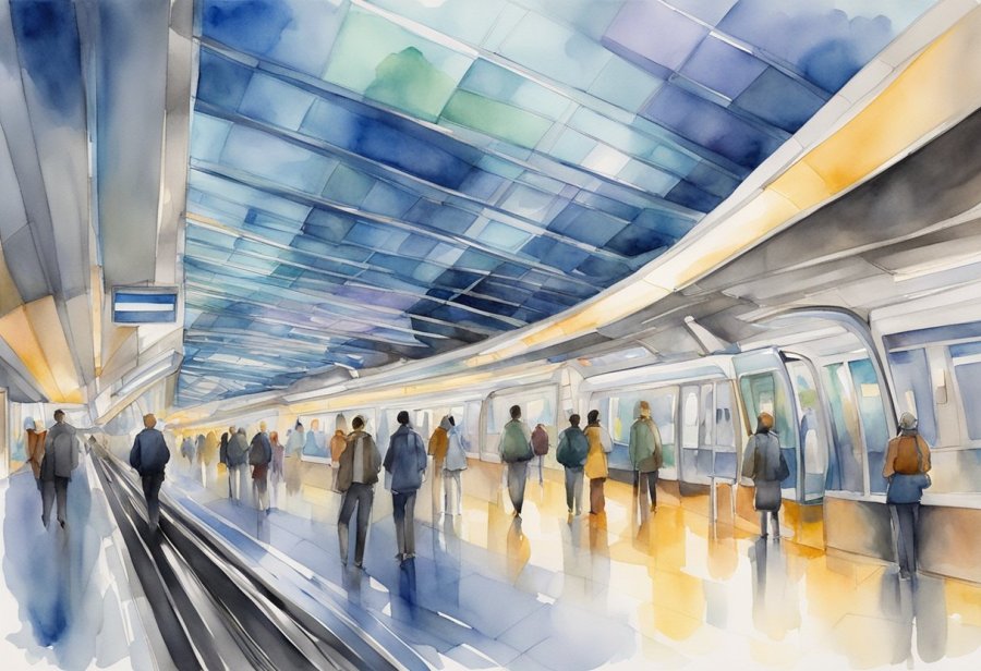 The ONPASSIVE metro station glows with futuristic lights and sleek architecture, bustling with commuters and automated trains