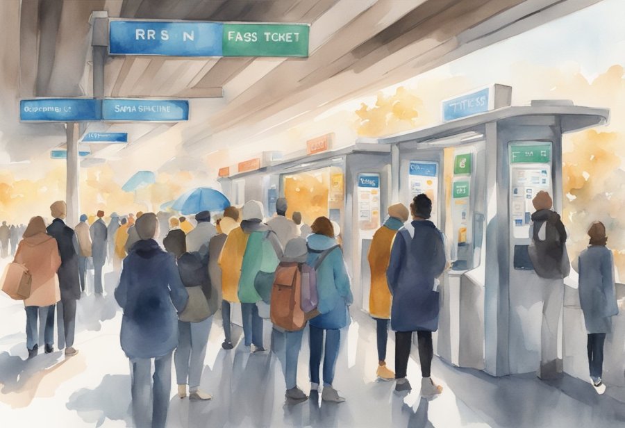 People lining up at ONPASSIVE metro station, signs with FAQs displayed, busy ticket machines, and a train arriving