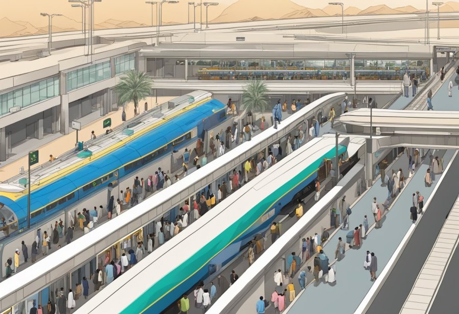 The bustling Jabal Ali metro station, with trains arriving and departing, passengers bustling about, and staff managing the flow of commuters