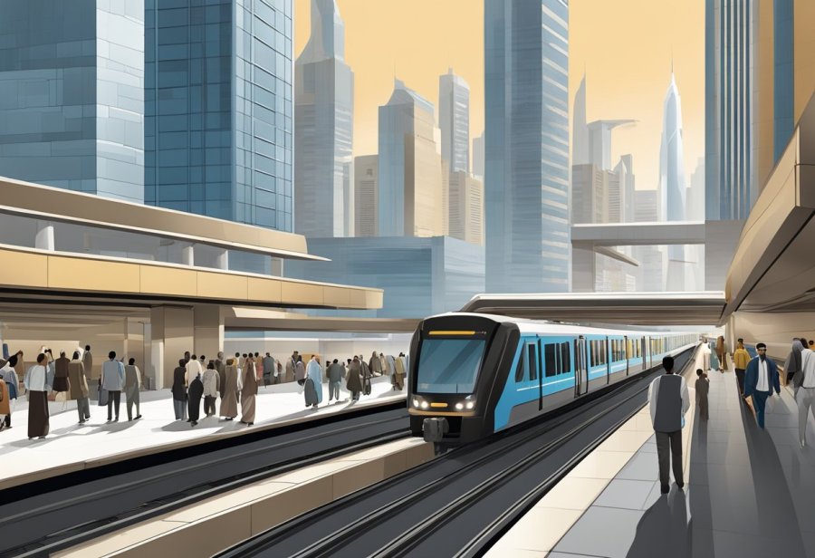 The bustling Jabal Ali metro station, with trains arriving and departing, surrounded by towering skyscrapers and bustling with commuters