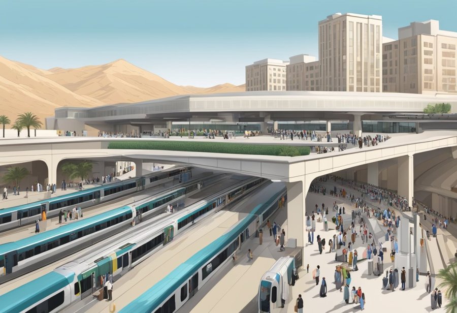 The bustling Jabal Ali metro station, with trains arriving and departing, passengers waiting on platforms, and the iconic station architecture
