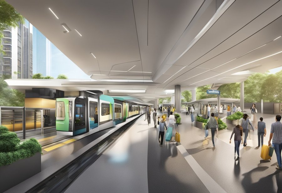The bustling metro station at SOBHA REALTY offers additional services and features. The platform is filled with commuters and the station is adorned with modern amenities