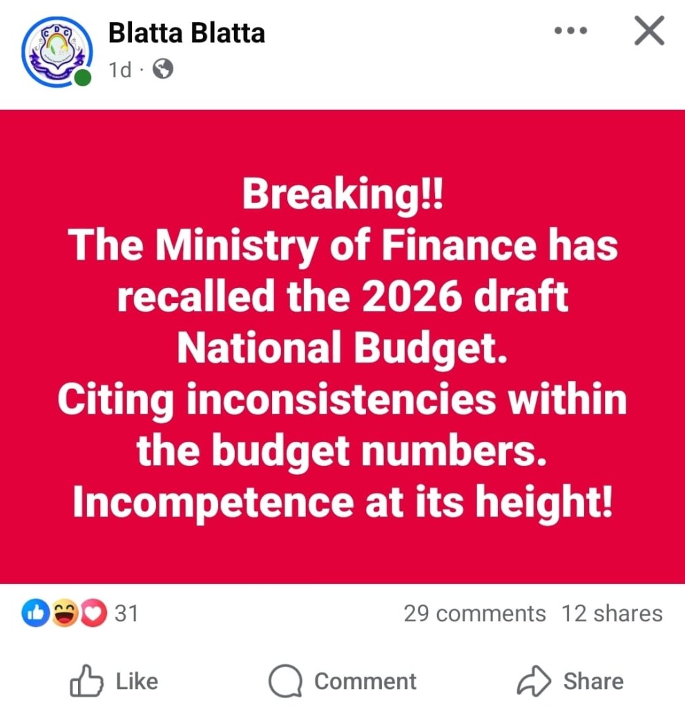 False! Ministry of Finance has not recalled 2026 draft budget