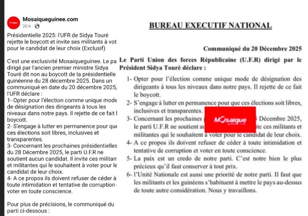 Présidentielle 2025 en Guinée : L’UFR de Sidya Touré a-t-elle vraiment levé son mot d’ordre de boycott ?
