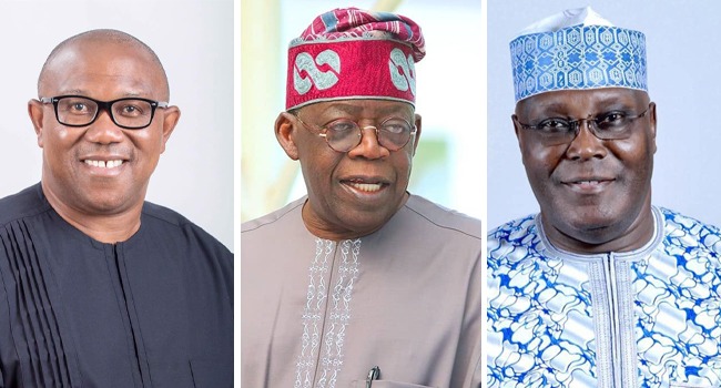 Combined image of Peter Obi, Bola Tinubu and Atiku Abubakar. Photo Source: Channels TV.