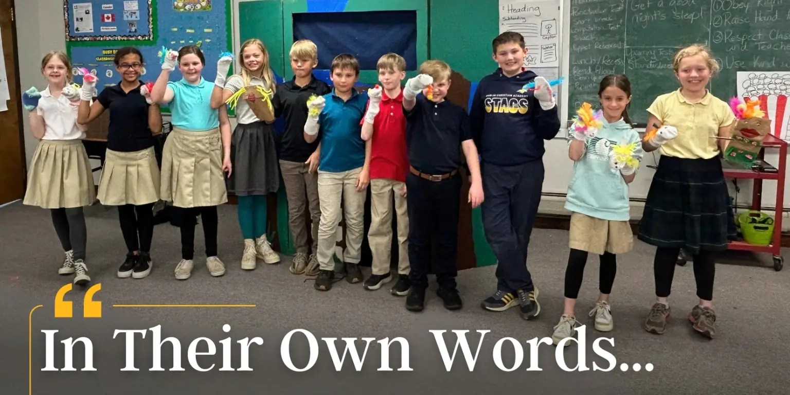 Students performing in a puppet show at a Christian school in southern New Hampshire.