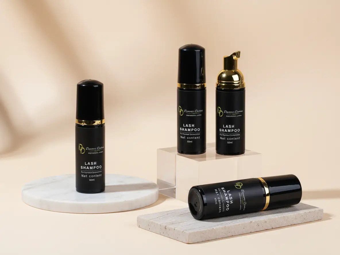 Spuma DDLash 60ml pentru curatarea extensiilor de gene – Lash Shampoo profesional Duchess Lashes, ambalaj negru cu detalii aurii pe suport elegant