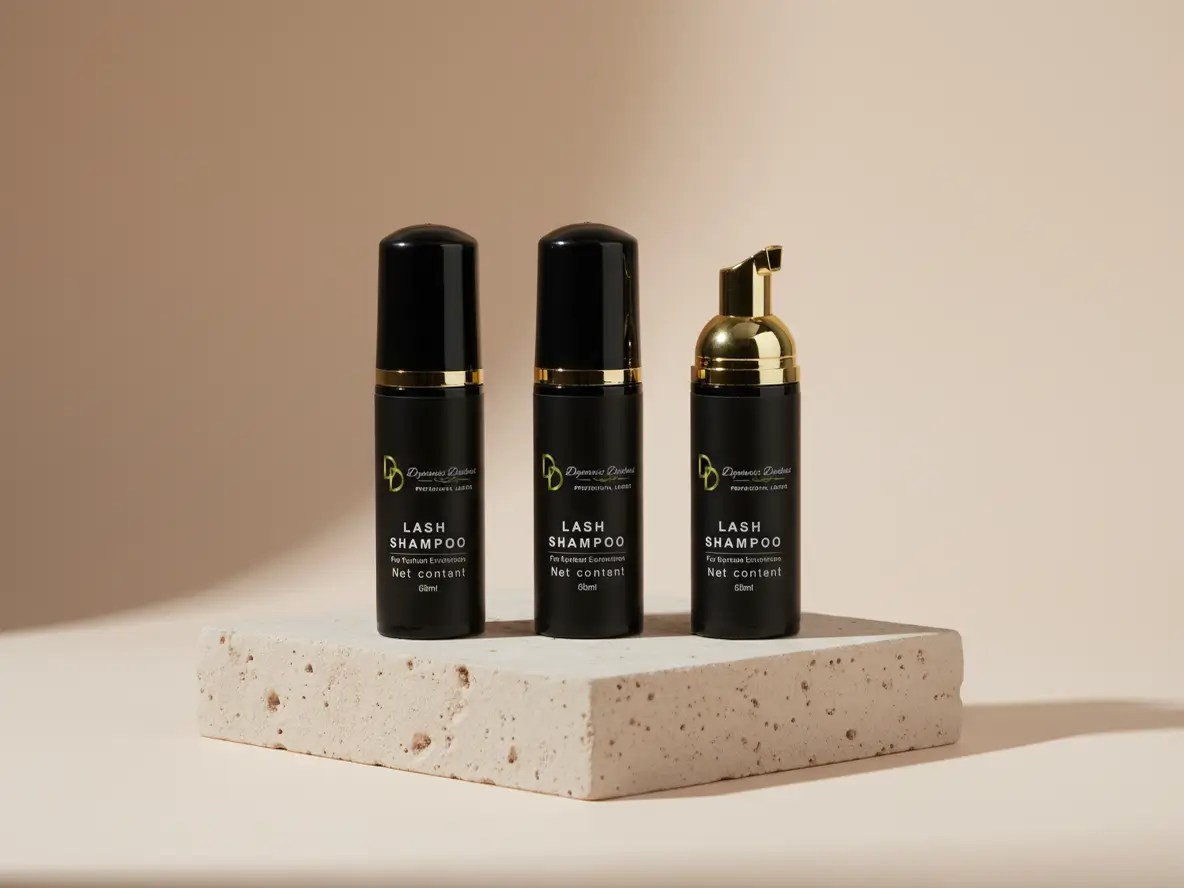 Spuma DDLash 60ml pentru curatarea extensiilor de gene – Lash Shampoo profesional Duchess Lashes, ambalaj negru cu detalii aurii pe suport elegant