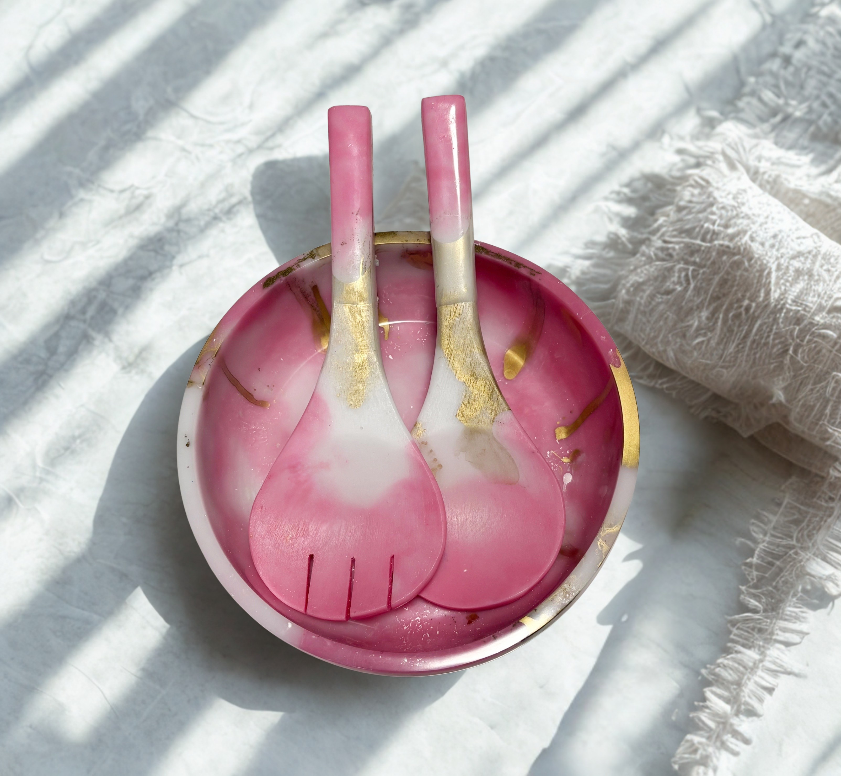 Emiko Medium Resin Bowl & Serving Spoon and Fork Set - Raspberry Gold and White