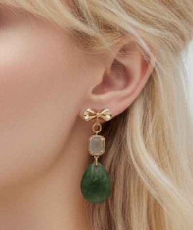 Kitty Bow Drop Resin Earrings in Forrest Green