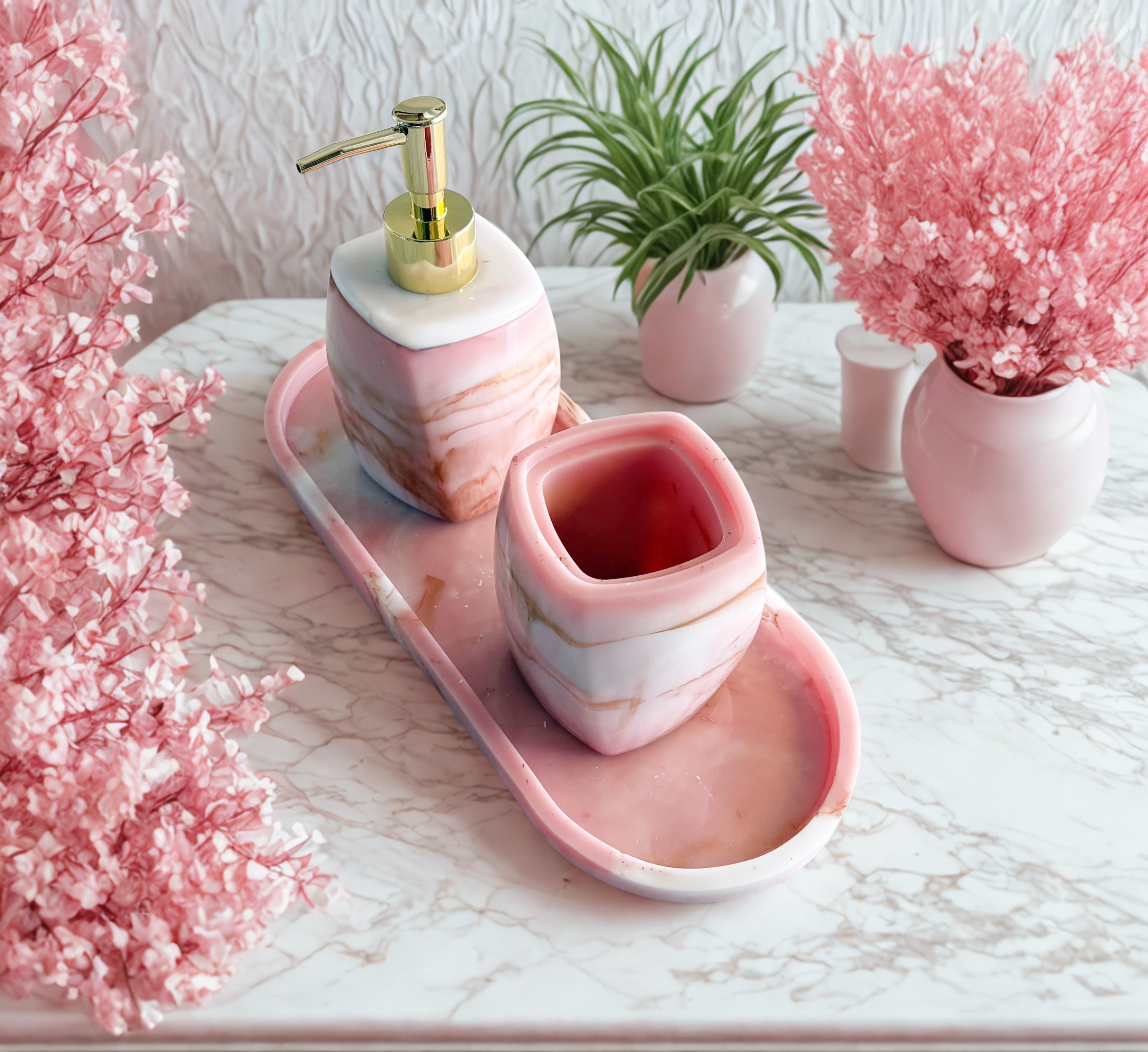 Calvin Resin Bathroom Set in Pink White and Gold