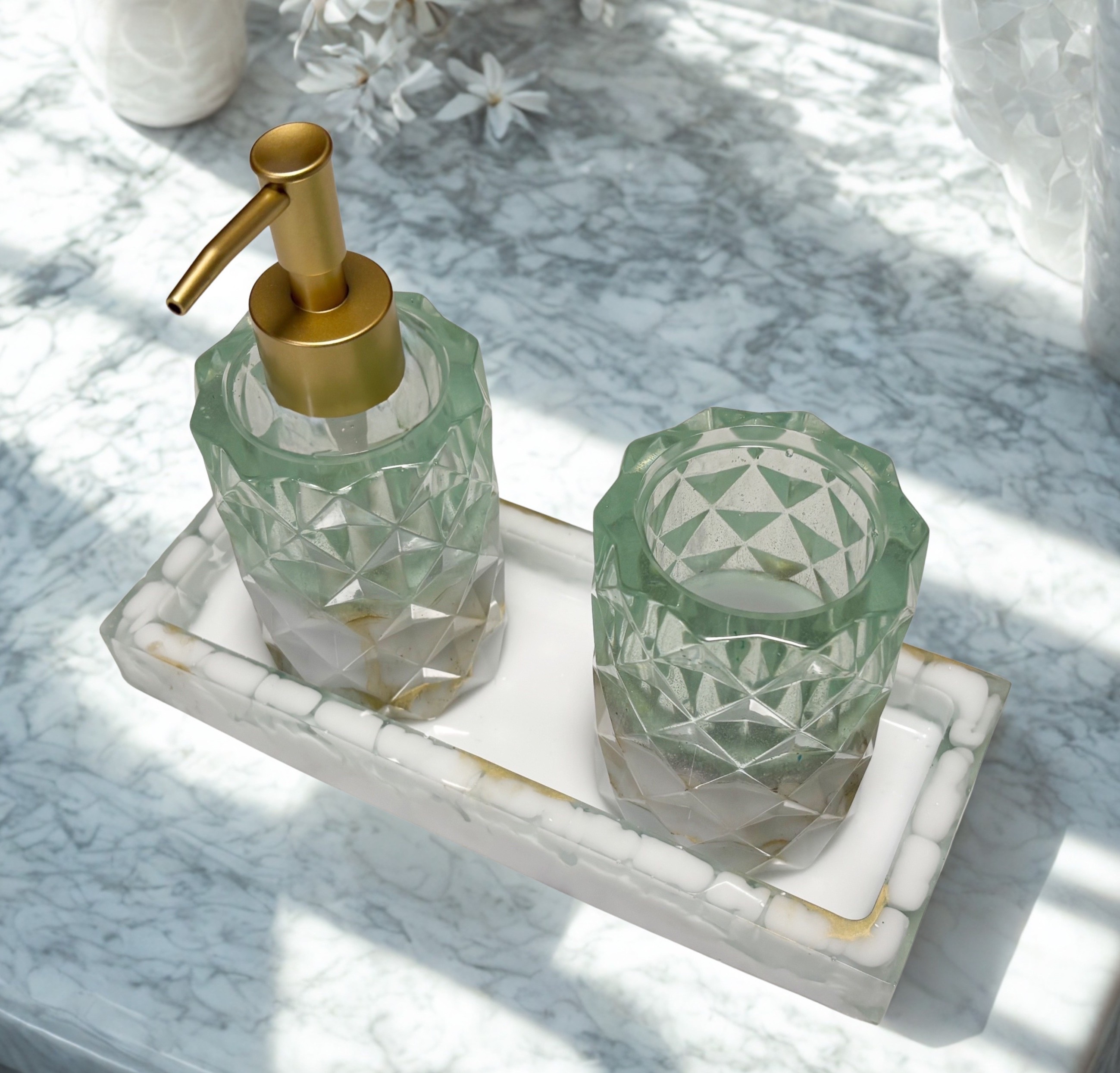 Cadence Resin Bathroom Set in Light Green White and Gold