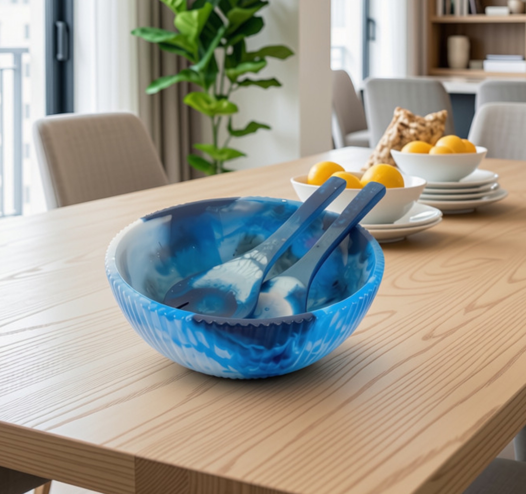 Mosman Large Resin Salad Bowl and Servers in Sky Blue Sea Blue and White