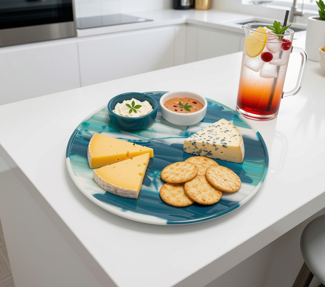 Capri Resin Platter with Dip Bowls in Teal and White