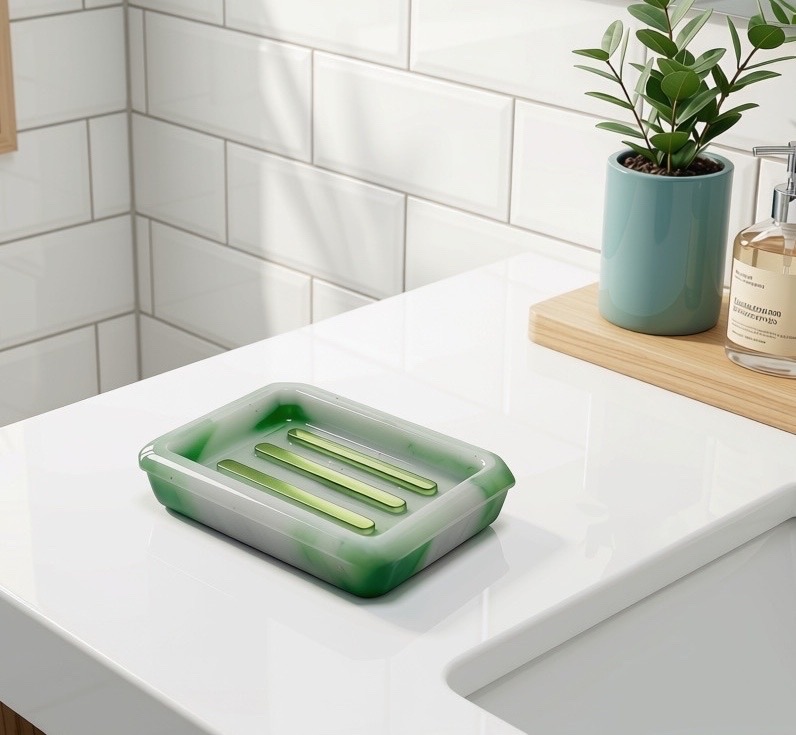 Resin Soap Dish Rectangular in Grass and Metallic Green