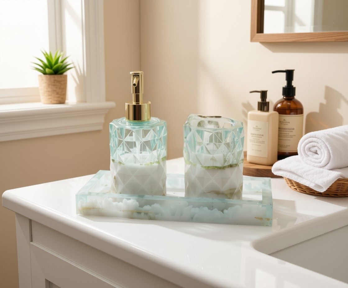 Cadence Resin Bathroom Set in Matcha Green White and Gold