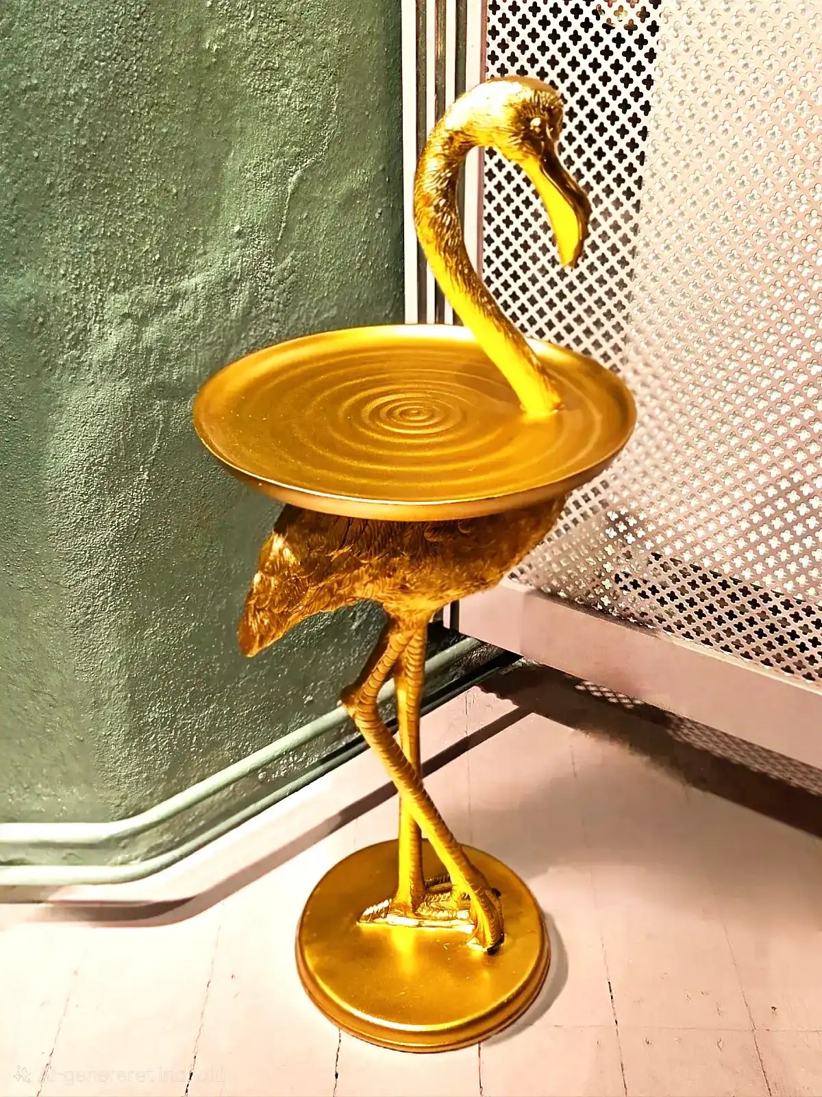 Elegant flamingo sidebord i guld med skål, perfekt til moderne hjem.