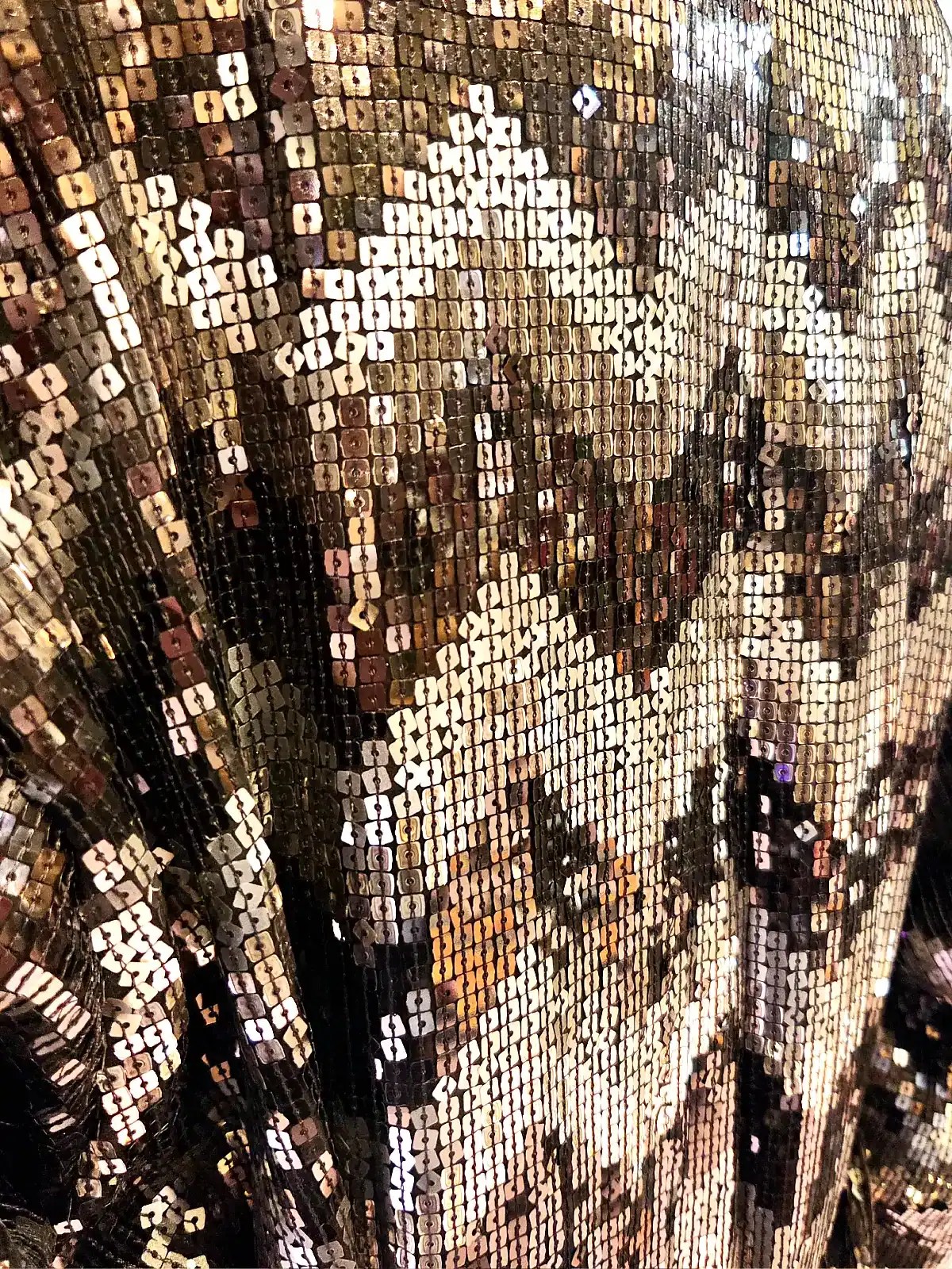 Detalje af pallietkimono med gyldent og sort rattlesnake mønster.
