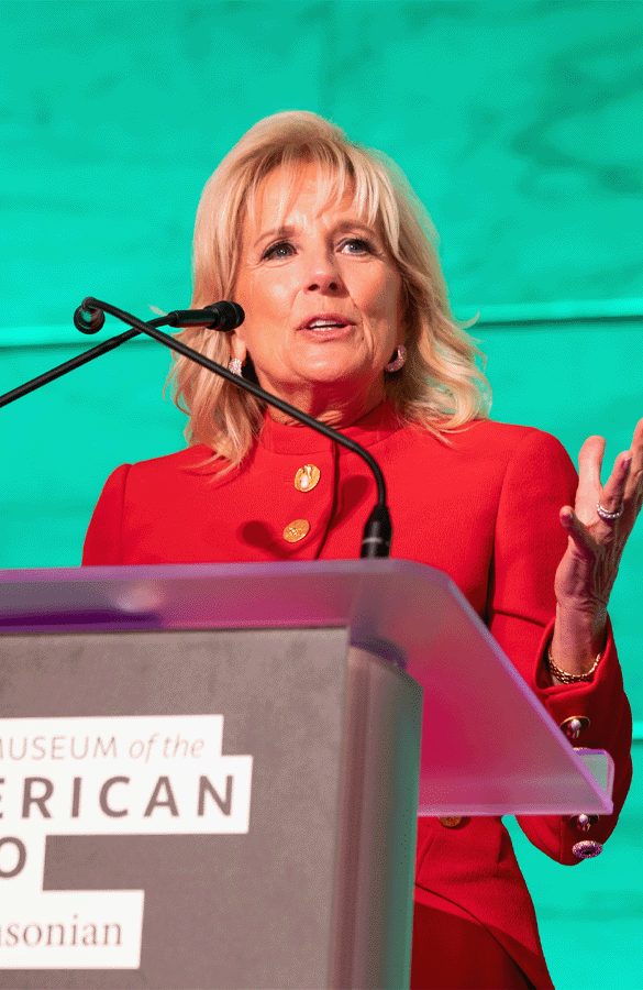 Dr. Jill Biden speaking at the Molina Family Latino Gallery.