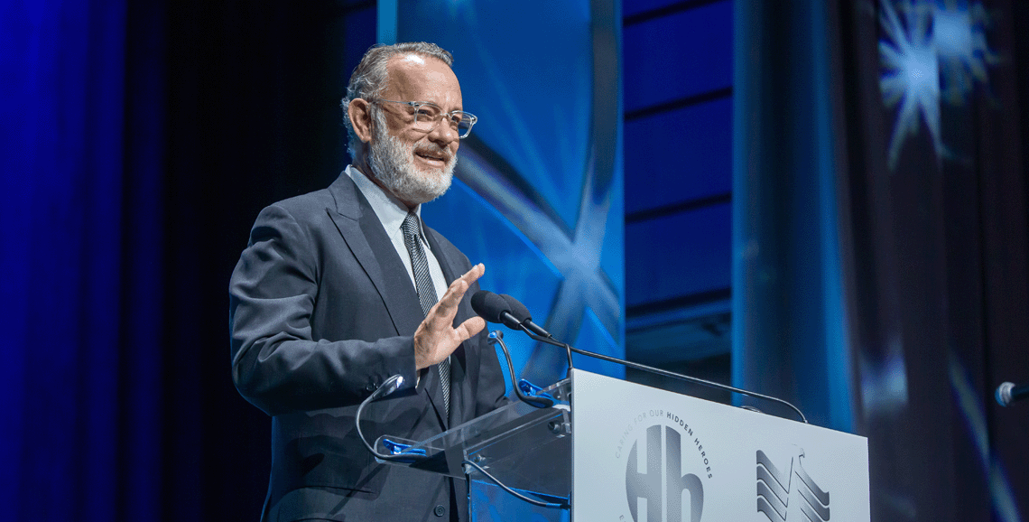 Tom Hanks speaking at the Heroes + History Makers Gala.