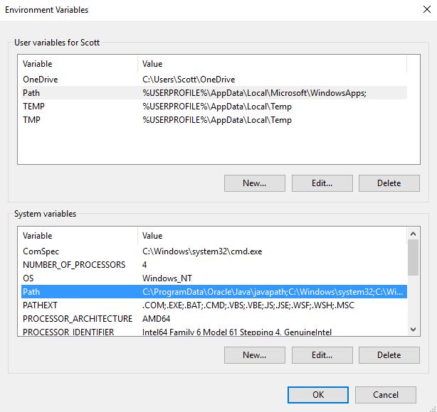Environment Variables Dialog Box