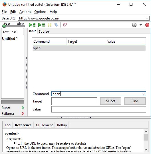 open command in selenium ide