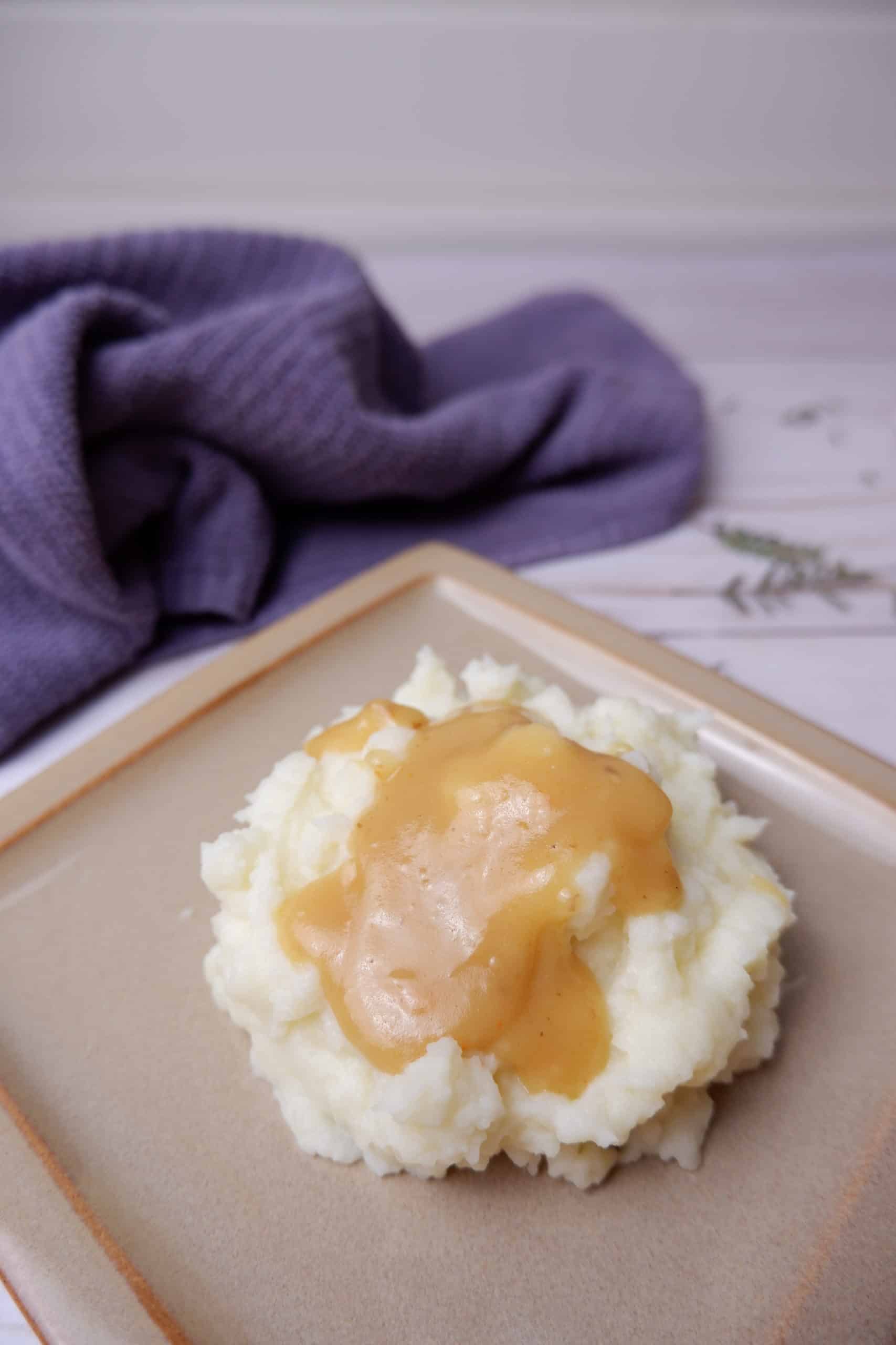 mashed potatoes with gravy on a plate, ready to be eaten!