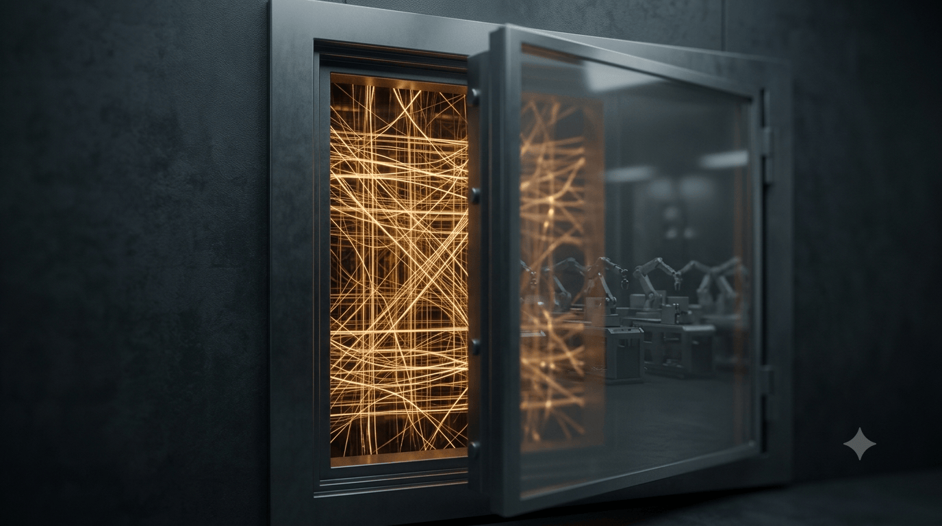 Glass vault door ajar revealing a glowing lattice of light inside, with robotic arms reflected — trade secrets theme.