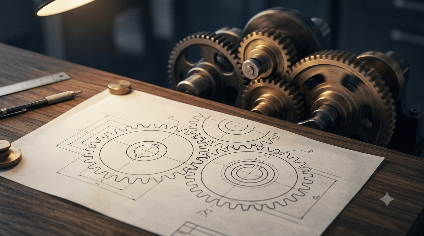 Technical drawing of gears on drafting paper in front of real brass gears turning on a desk, symbolising IP strategy in action.
