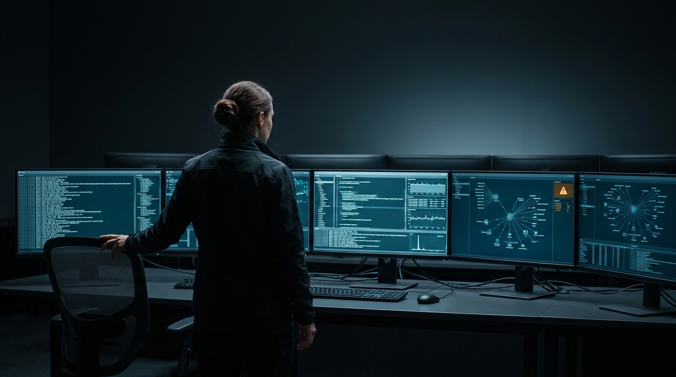 Engineer seen from behind in a dark operations centre, watching one bright monitor among a curved bank of screens.
