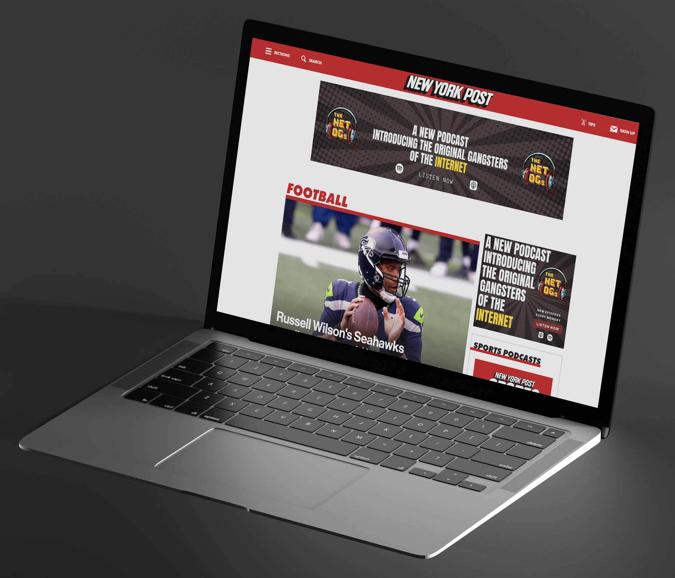 Laptop with The NetOGs advertisement on article