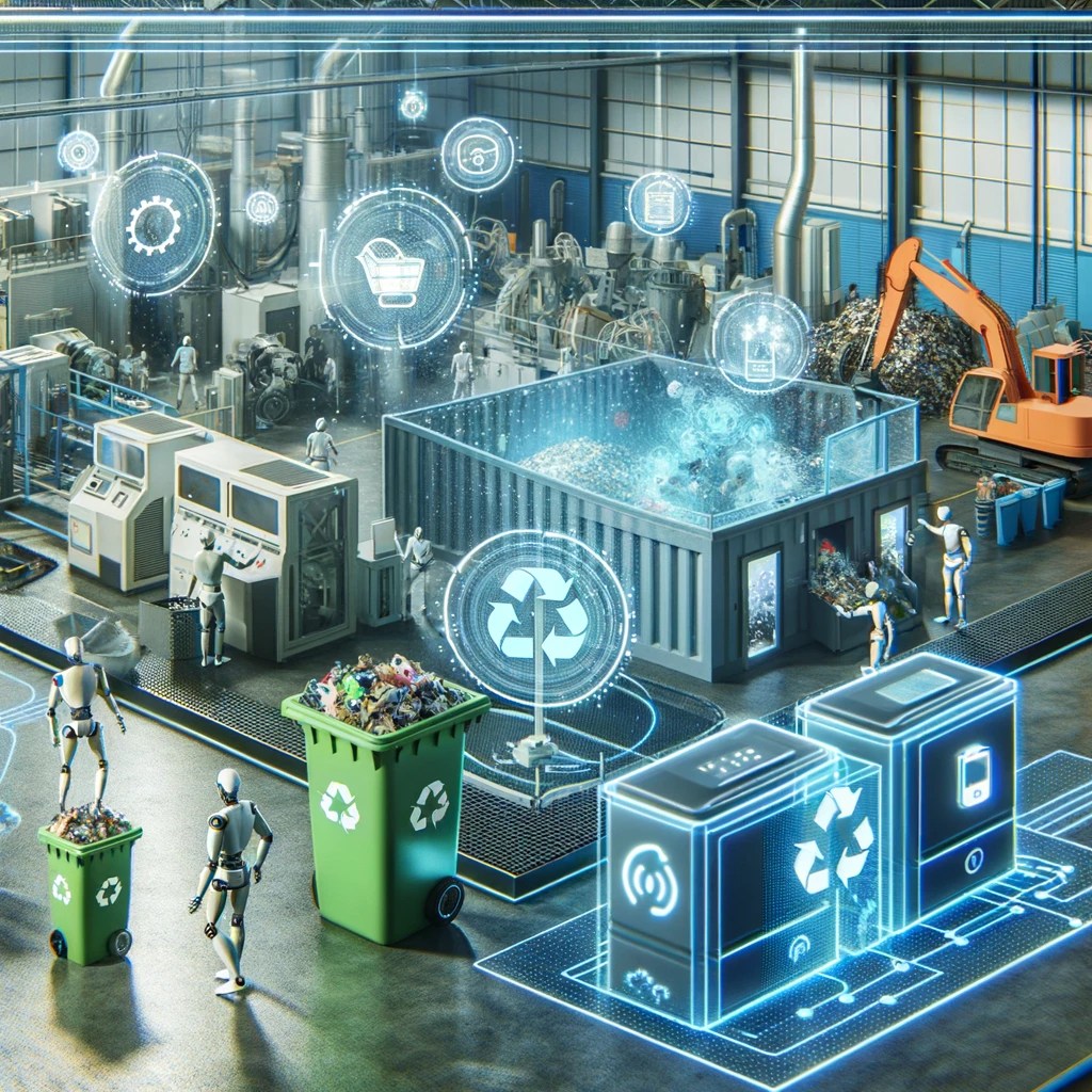 A futuristic recycling facility showcasing advanced technologies. The image includes AI-driven robots sorting waste, automated machinery, and smart bi