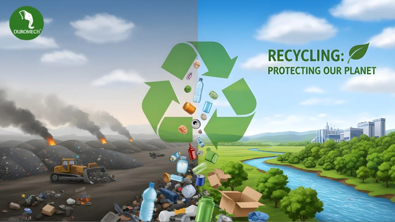 Illustration showing the recycling loop from waste to new product, representing the circular economy.