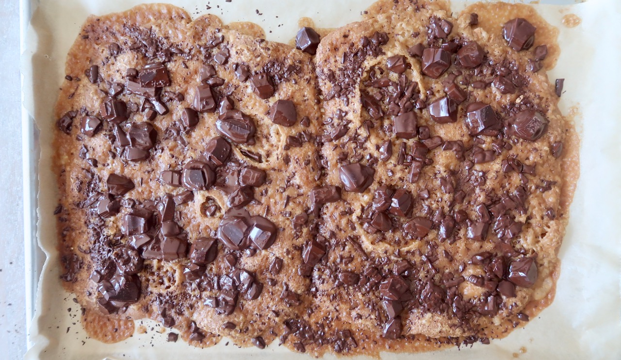 chocolate melting on hot toffee