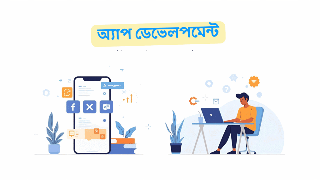 A clean and minimal flat illustration showing app development — a smartphone screen with app icons, coding symbols, and a developer working on a laptop. Modern, professional, and simple design with a white background. The text ‘অ্যাপ ডেভেলপমেন্ট’ in bold Bengali font at the top.