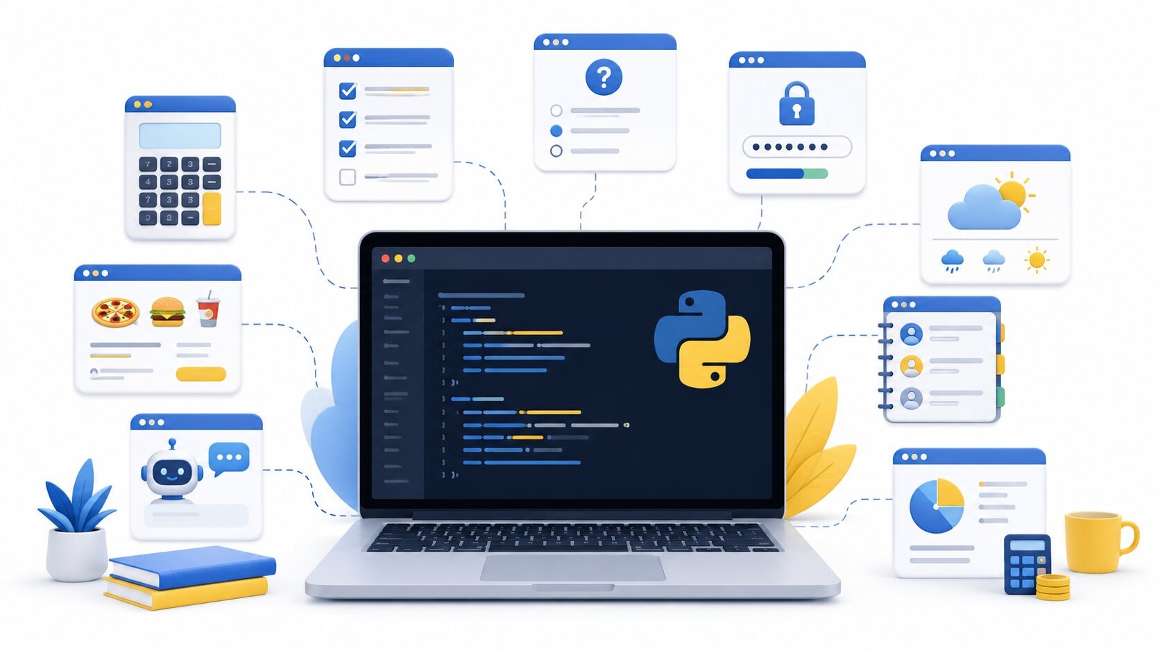 Python project ideas displayed on a laptop with coding interface and various software application icons