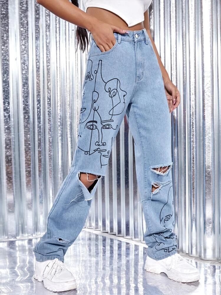 Face line art ripped jeans