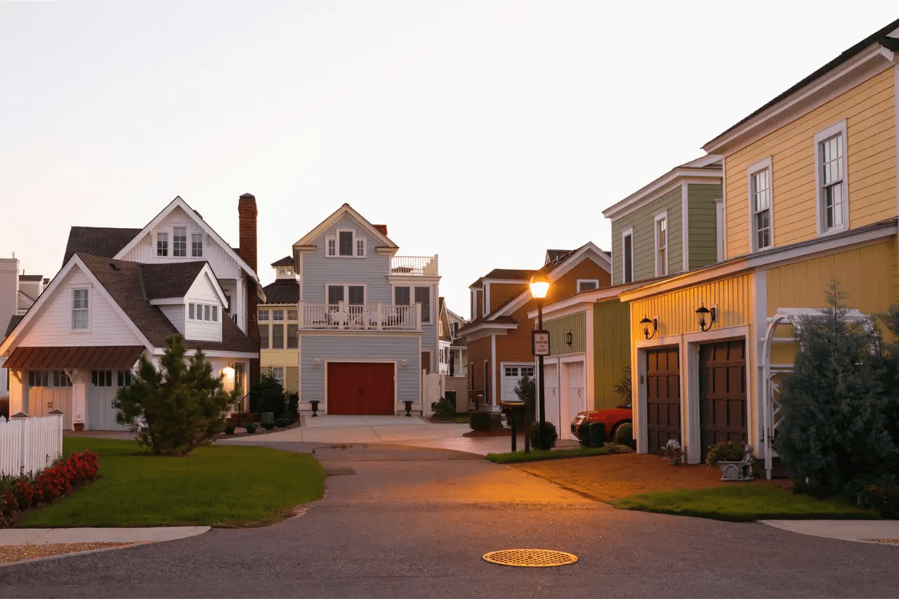 Street of newly built townhomes in a residential development