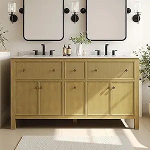 Double vanity bathroom unit in luxurious brass finish with black-framed mirrors, featuring four drawers and cabinet storage, paired with matte black faucets and contemporary wall sconces