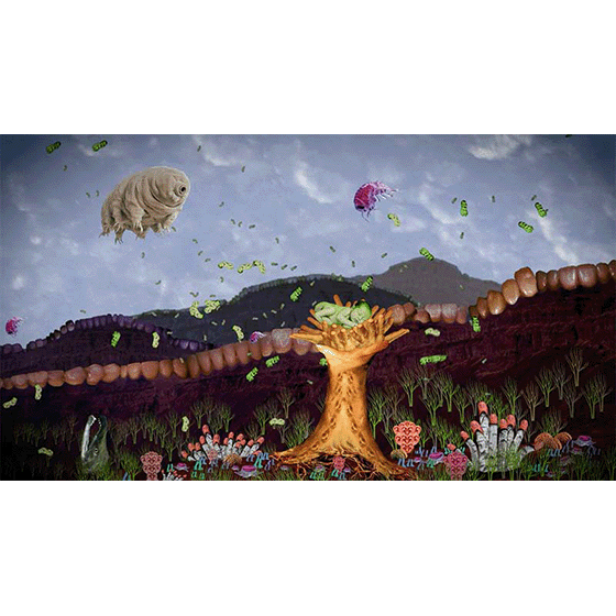 Video still of a fantastic imaginary underwater landscape.