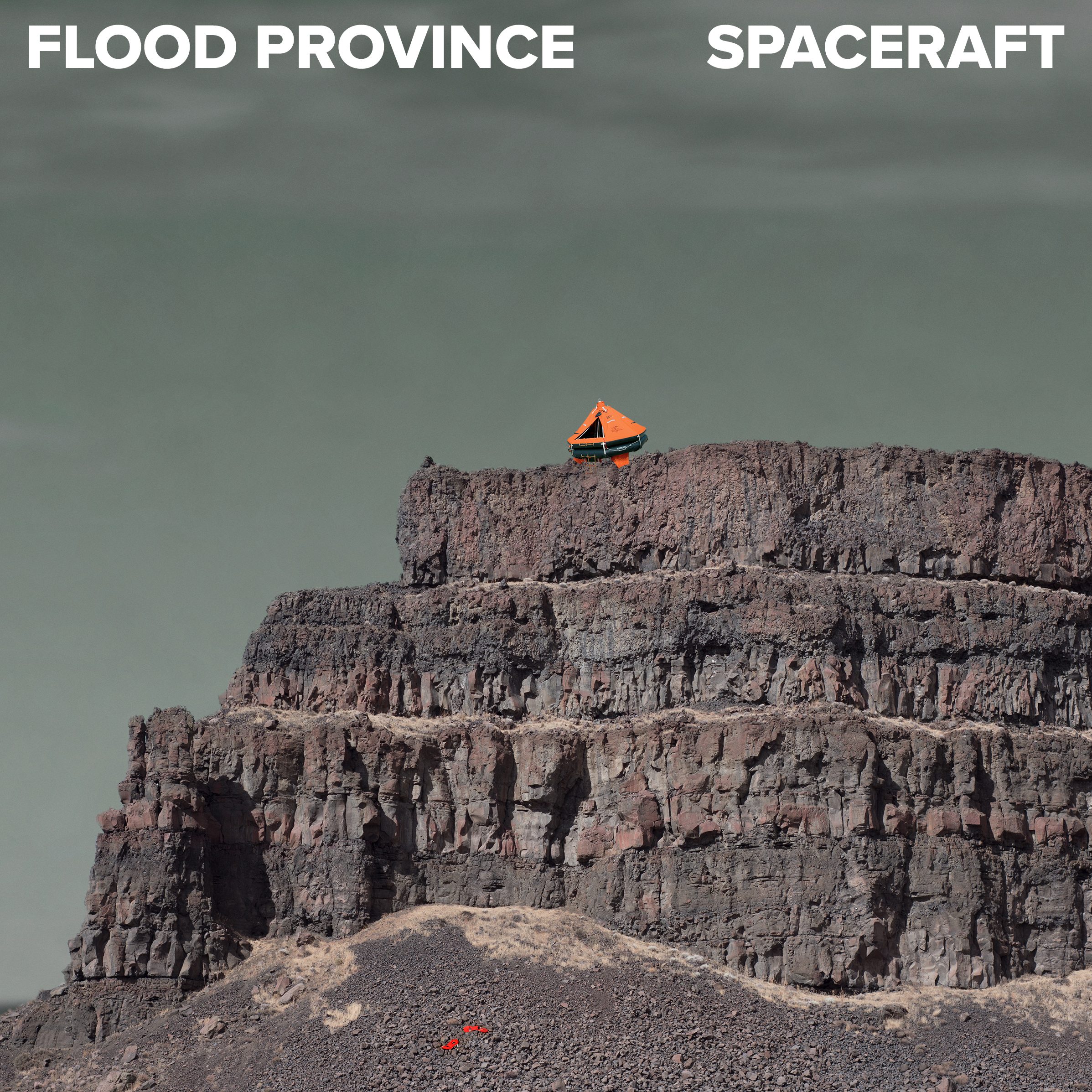 Cover art of the EP Spaceraft by Flood Province with a rocky coulle with a green sky in the background, on which a life raft is perched.