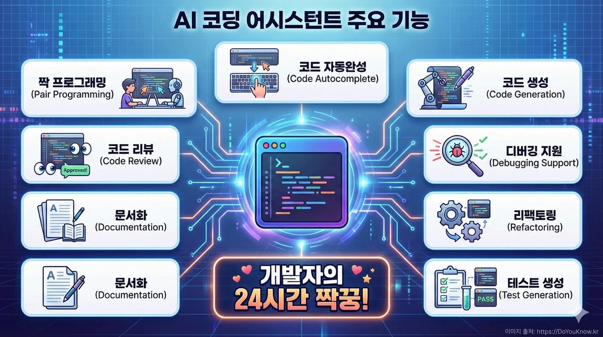 AI 코딩 어시스턴트 주요 기능 인포그래픽. 중앙에 코드 편집기 아이콘. 8가지 기능이 방사형으로 배치: 코드 자동완성, 코드 생성, 디버깅 지원, 리팩토링, 테스트 생성, 문서화, 코드 리뷰, 짝 프로그래밍. 각 기능에 아이콘. '개발자의 24시간 짝꿍!' 강조.