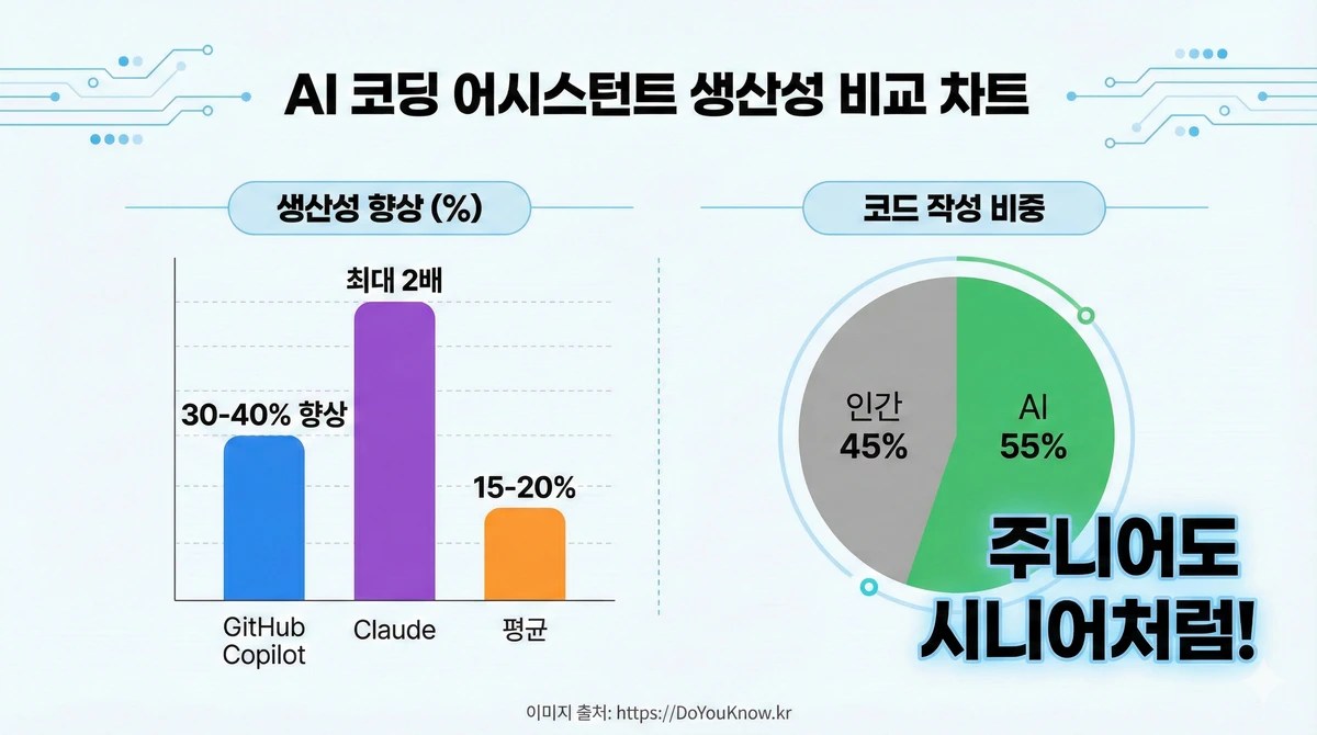 AI 코딩 어시스턴트 생산성 비교 차트. 막대 그래프: GitHub Copilot(30-40% 향상), Claude(최대 2배), 평균(15-20%). 원형 그래프: 코드 작성 55% AI, 45% 인간. '주니어도 시니어처럼!' 강조.