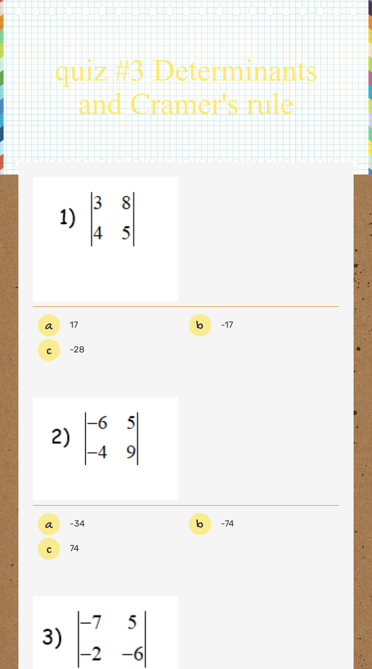 How to simplify whole numbers with fraction exponents ; Quiz 3 Determinants And Cramer S Rule Interactive Worksheet By Josh Rosales Wizer Me