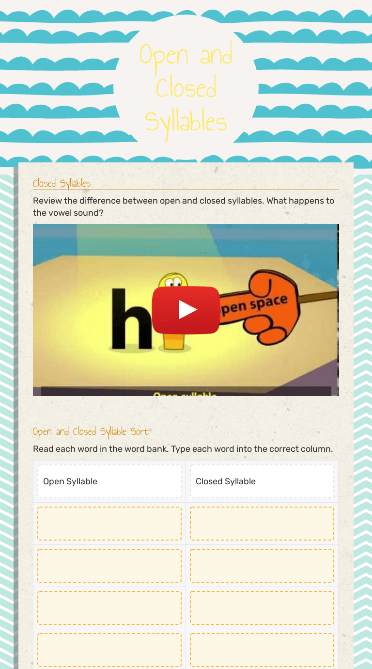 Creating sentences using some of the words. Open And Closed Syllables Interactive Worksheet By Stacy Marshall Wizer Me
