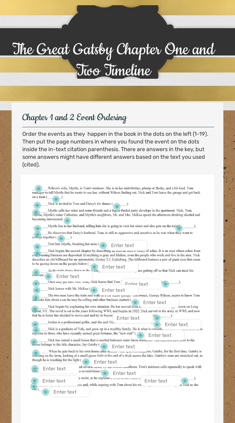 Learn vocabulary, terms, and more with flashcards, games, and other study tools. The Great Gatsby Chapter One And Two Timeline Interactive Worksheet By Ree Nae Greene Wizer Me